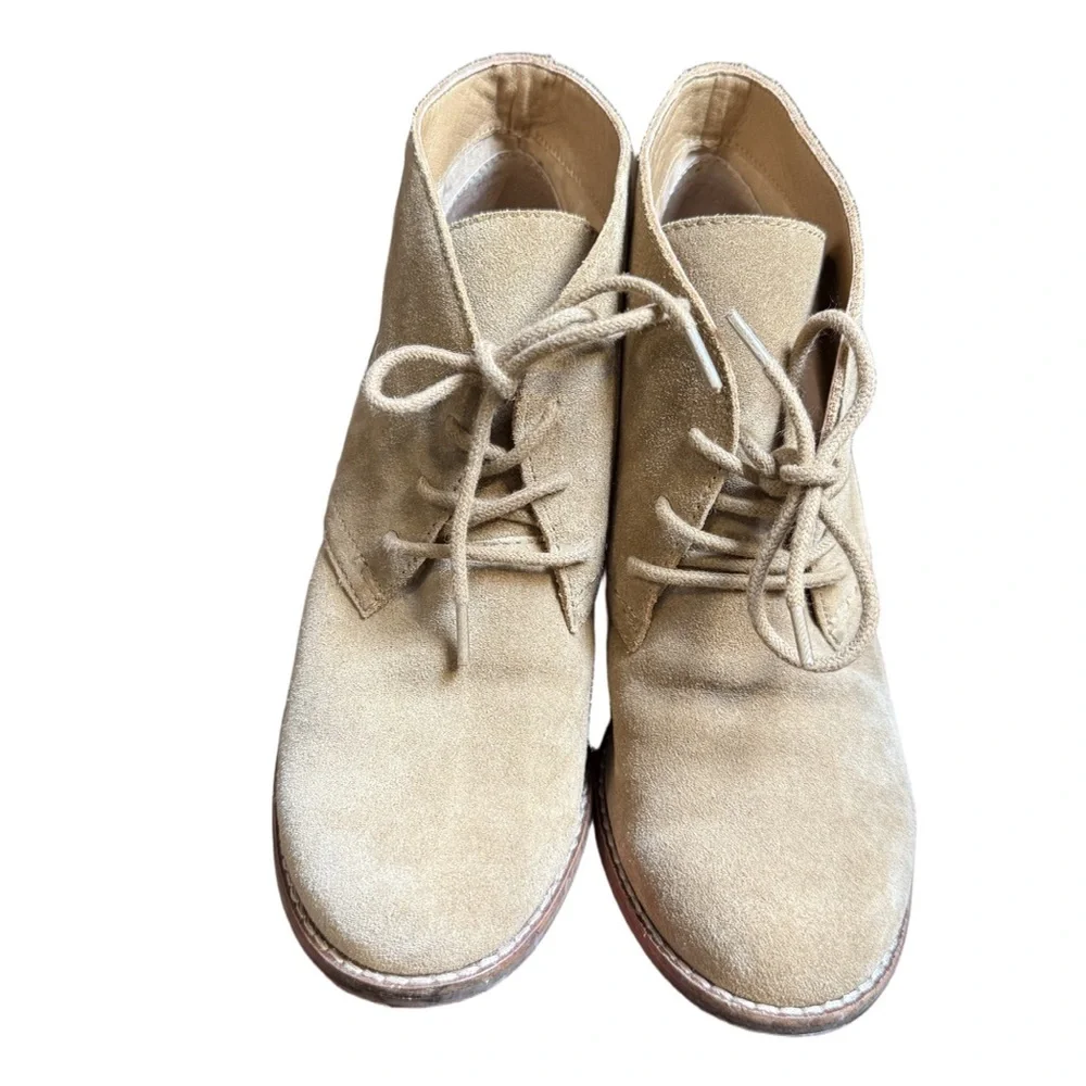 Lucky Brand Tan Suede Lace-Up Wedge Ankle Booties